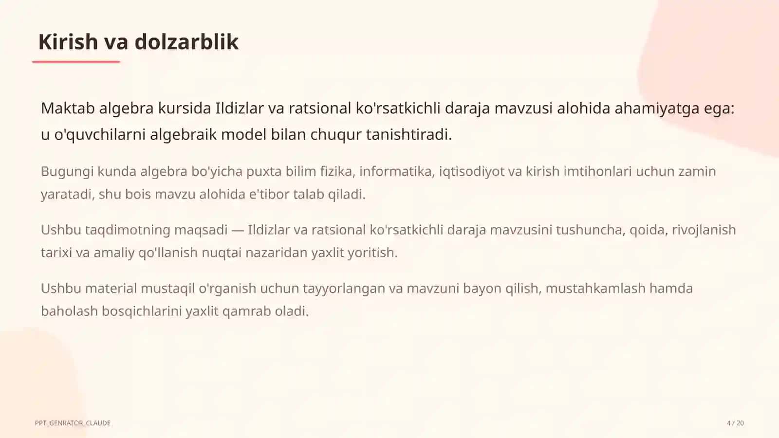 Ildizlar va ratsional ko'rsatkichli daraja (10-sinf) 4
