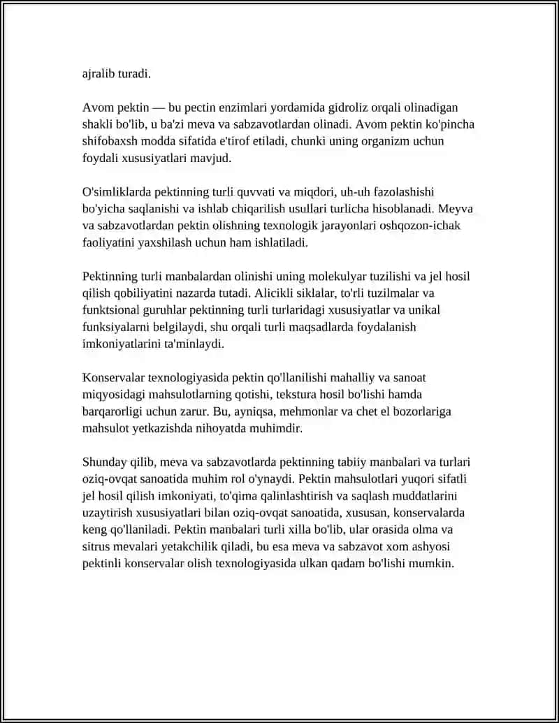 MEVA VA SABZAVOT XOM ASHYOSIGA ASOSLANGAN FUNKTSIONAL PEKTINLI KONSERVALAR OLISH TEXNOLOGIYASI 4