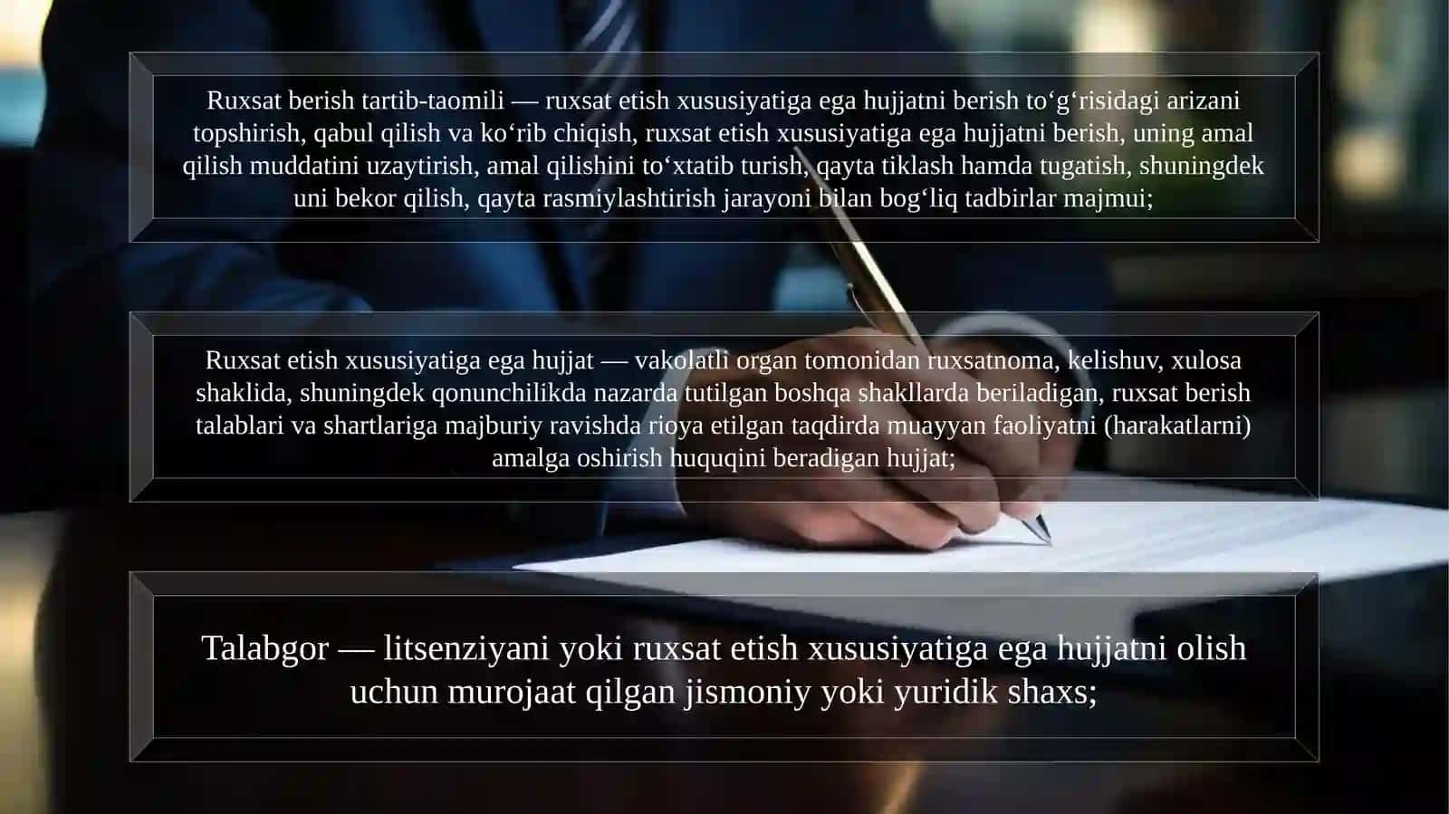 Litsenziyaning va ruxsat etish xususiyatiga ega hujjatning amal qilishini to‘xtatib turish, bekor qilish va tugatishning o‘zaro o‘xshash hamda farqli jihatlarini amaliy misollar bilan qonunchilik hujjatlari asosida izohlash! 4