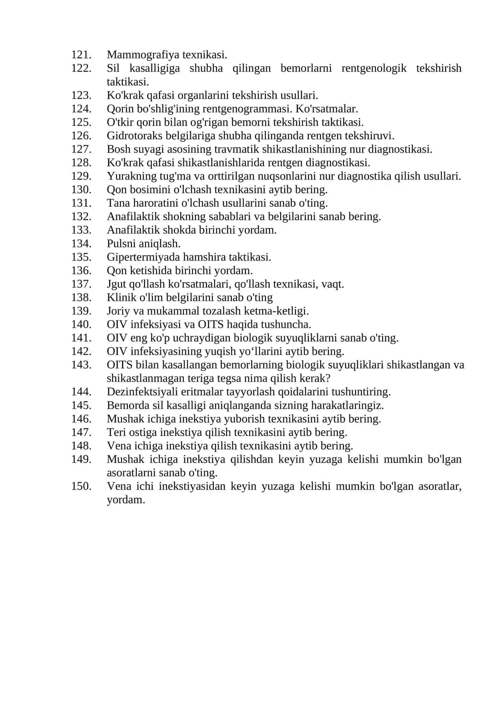 Rentgen laboranti mutaxassisligi bo'yicha shakllantirilgan og'zaki savollar ro'yxati 4