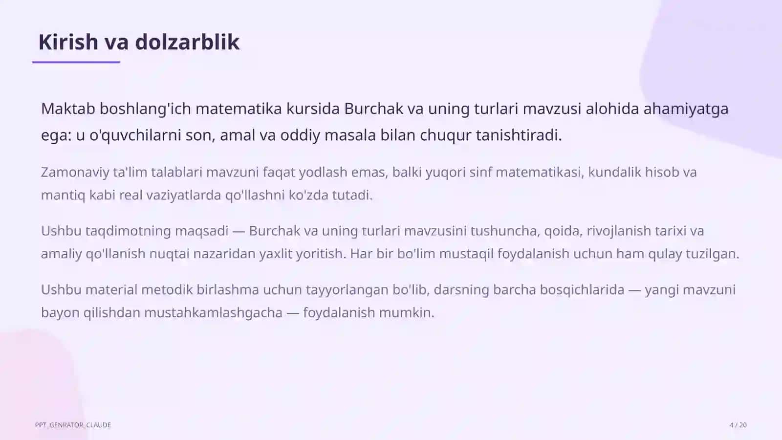 Burchak va uning turlari (4-sinf) 4