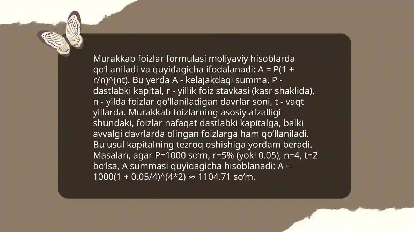 Murakkab protsentlar, ularning amaliy tadbiqlari. Amortizatsiya. Investitsiyalar 4