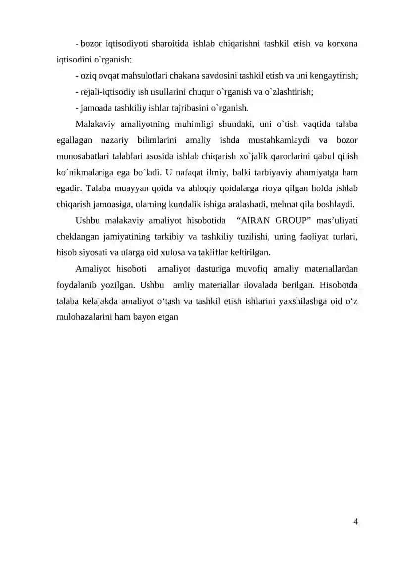Supermarket va fastfood tarmoqlari bitiruv amaliy hisoboti. 4