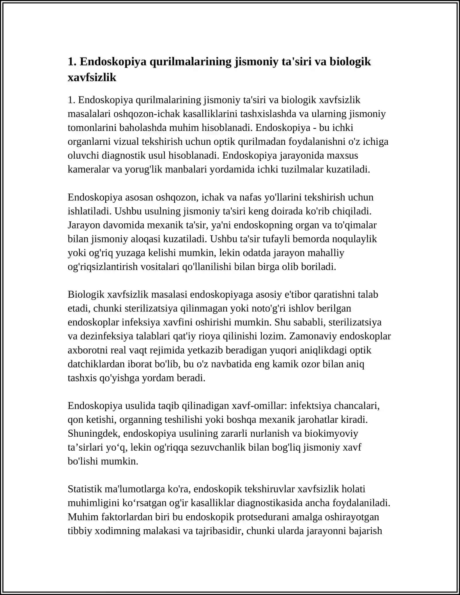 OSHQOZON-ICHAK KASALLIKLARINI TASHXISLASH VA ULARNING JISMONIY TOMONLARINI BAHOLASH UCHUN ENDOSKOPIYA, RENTGENOGRAFIYA, MAGNIT-REZONANS TOMOGRAFIYA QURILMALARINI BIOFIZIK TA'SIRINI O'RGANISH 4