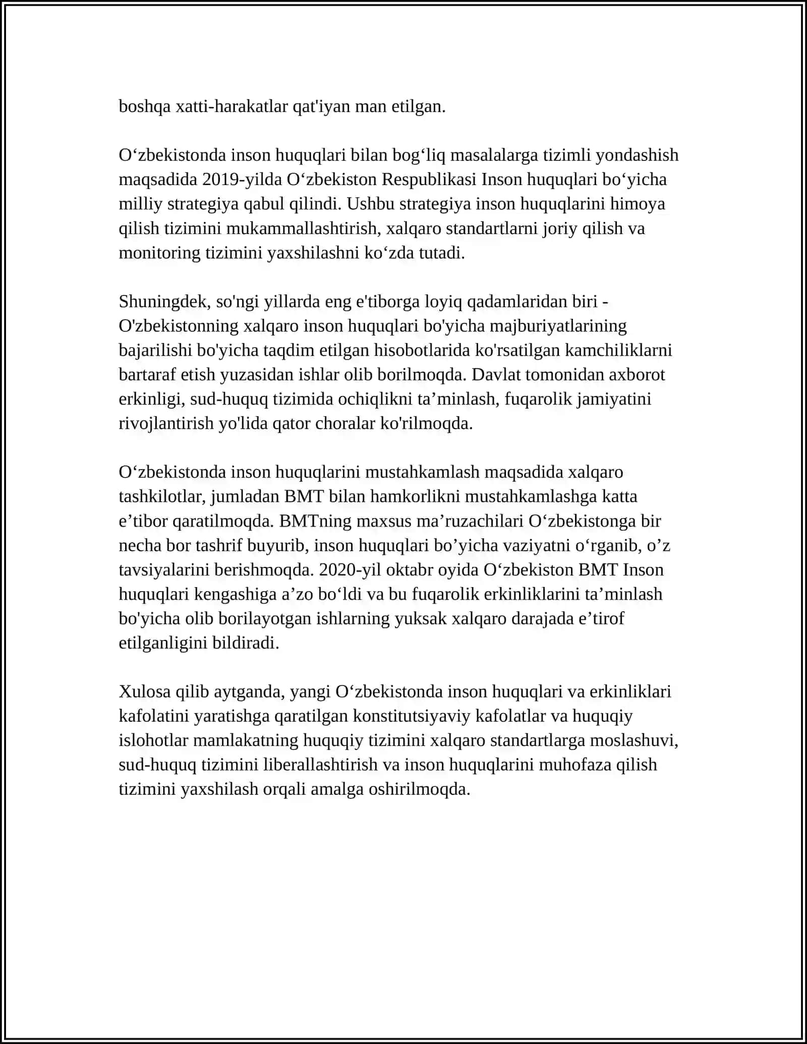 YANGI OʻZBEKISTONDA INSON HAQ-HUQUQLARI VA ERKINLIKLARI KAFOLATINI YARATILISHI 4