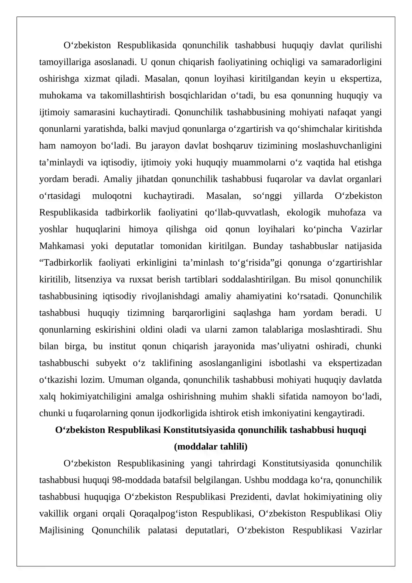 Qonunchilik tashabbusi va uning sub’ektlari, qonun qabul qilish tartibi 4