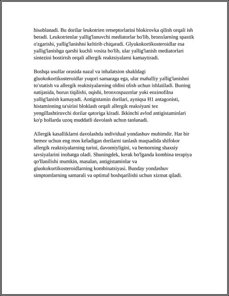 ALLERGIK KASALLIKLARNING DAVOLASH USULLARI. ANTIGISTAMIN, ANTILEYKOTRIYEN, GLYUKOKORTIKOSTEROID GURUX PREPARATLARI 4