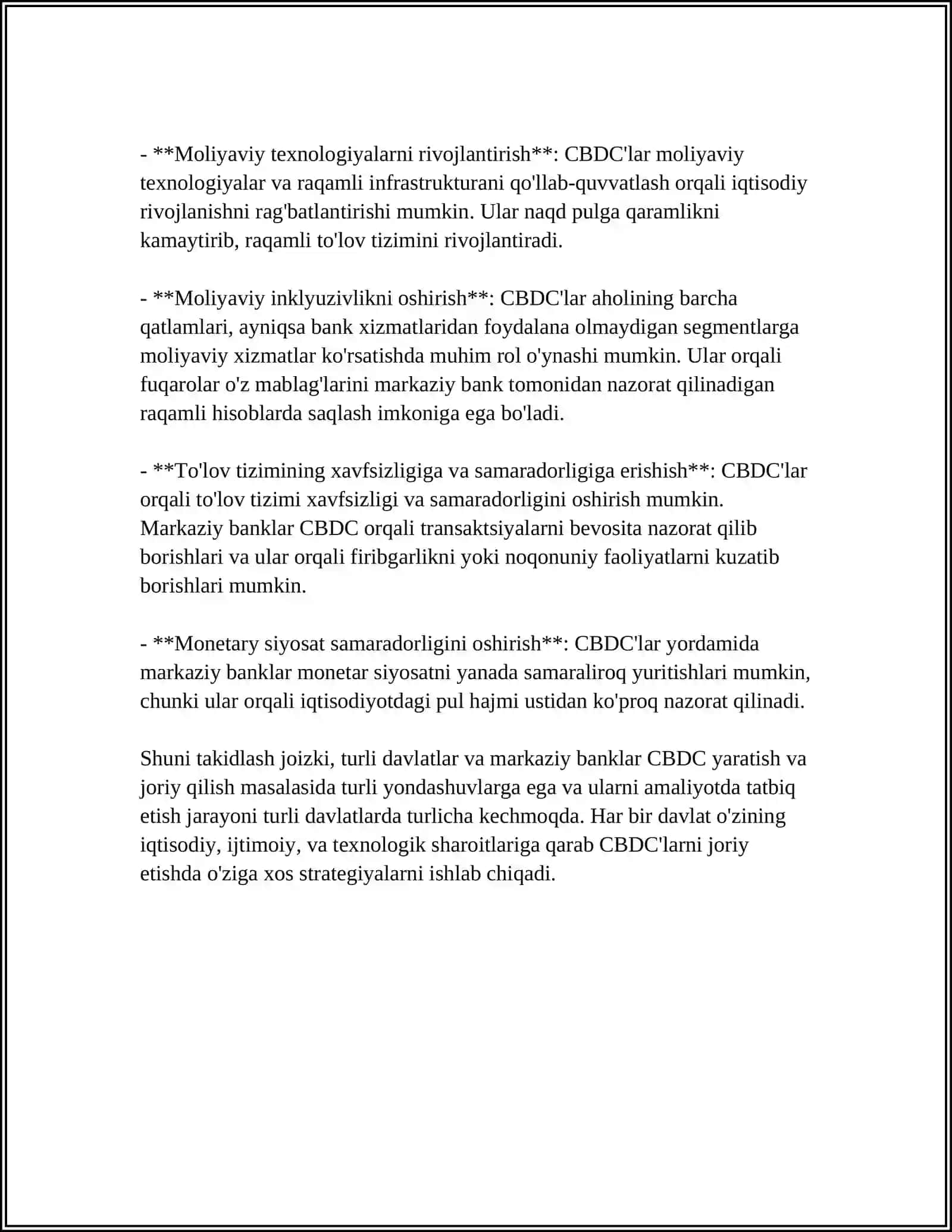 MARKAZIY BANKLARNING ZAMONAVIY SIYOSATI: RAQAMLI VALYUTALAR.(CBDC) 4