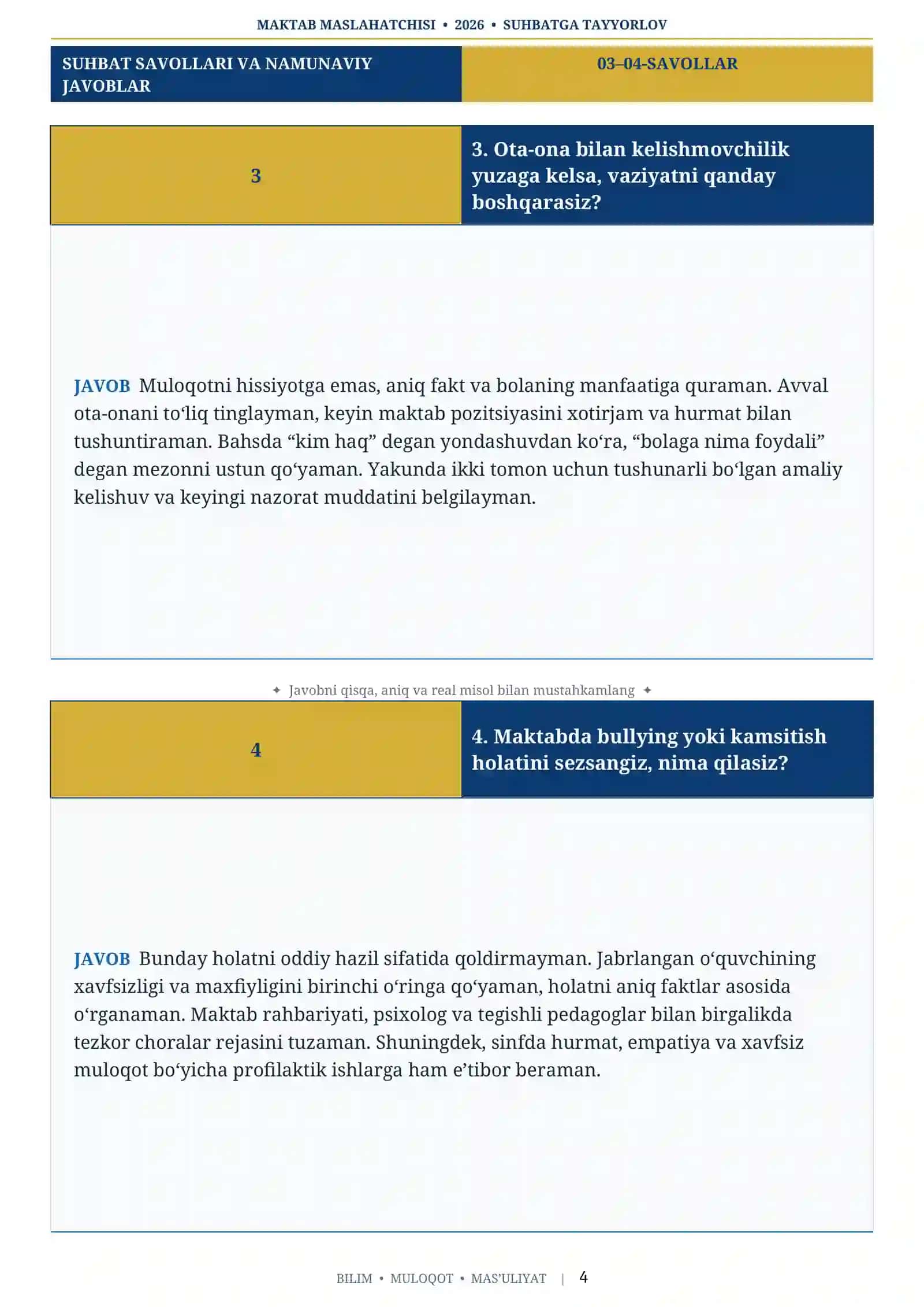 2026 Maktab Maslahatchisi Suhbat Savollari va Javoblari 🎓 | 60 ta Tayyor Savol-Javob 4