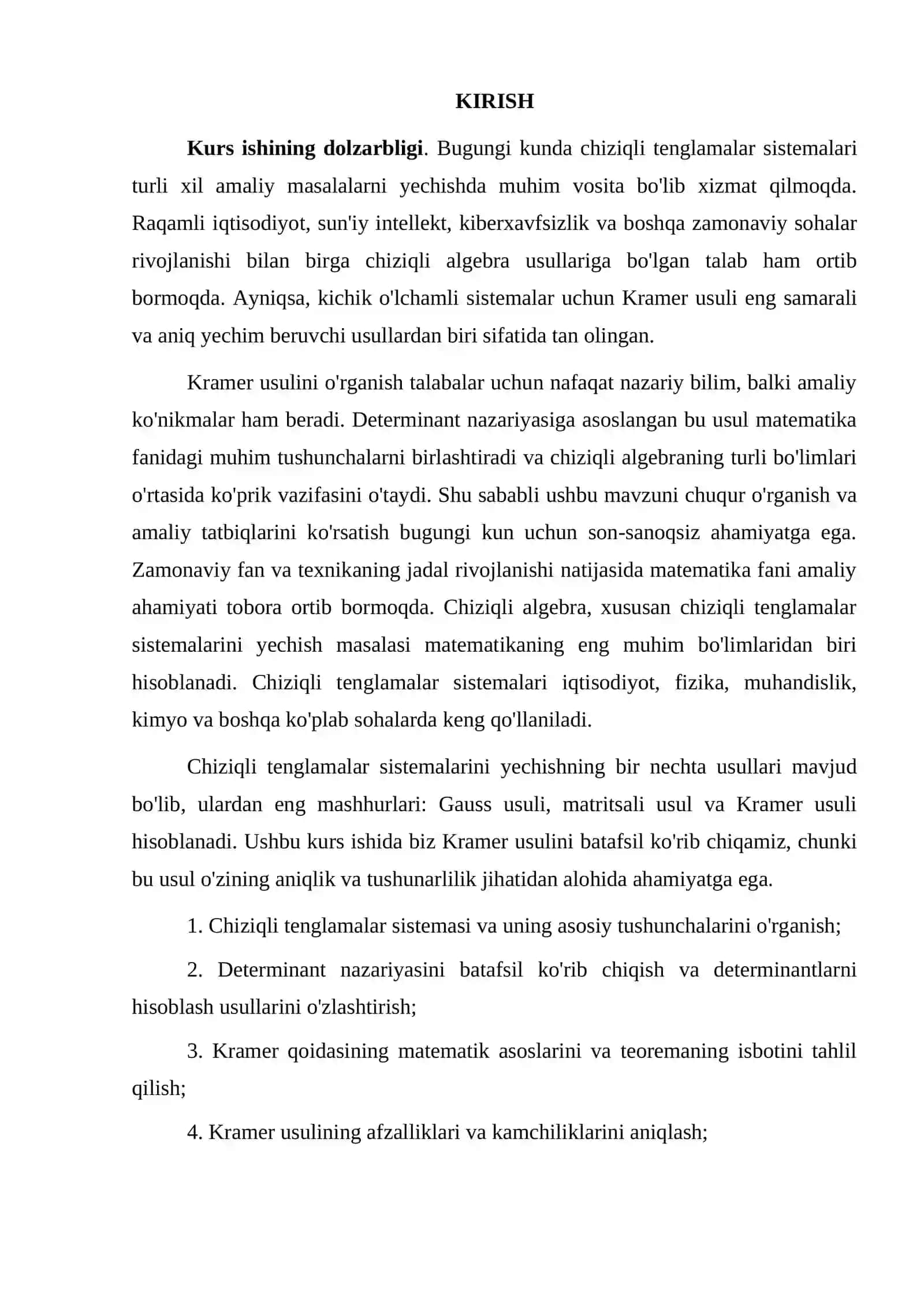 Algebra fanidan Matritsalar va determinant: asosiy xossalari va amaliy qoʻllanishi mavzusidagi K U R S I SH I 4