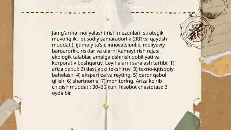O'zbekiston tiklanish va taraqqiyot jamg'armasi mablag'lari hisobiga investitsiya loyihalarini moliyalashtirishning umumiy tamoyillari 4