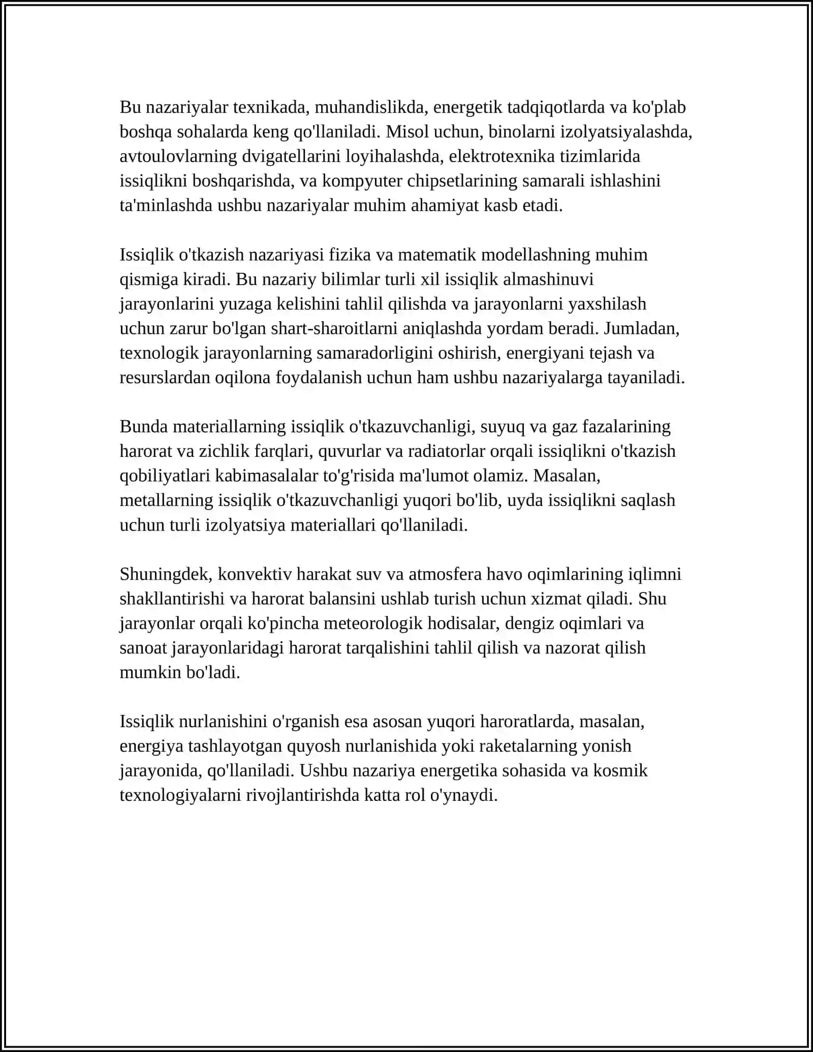 ISSIQLIK UZATISH USULLARI: O‘TKAZISH, KONVEKSIYA VA NURLANISH 4