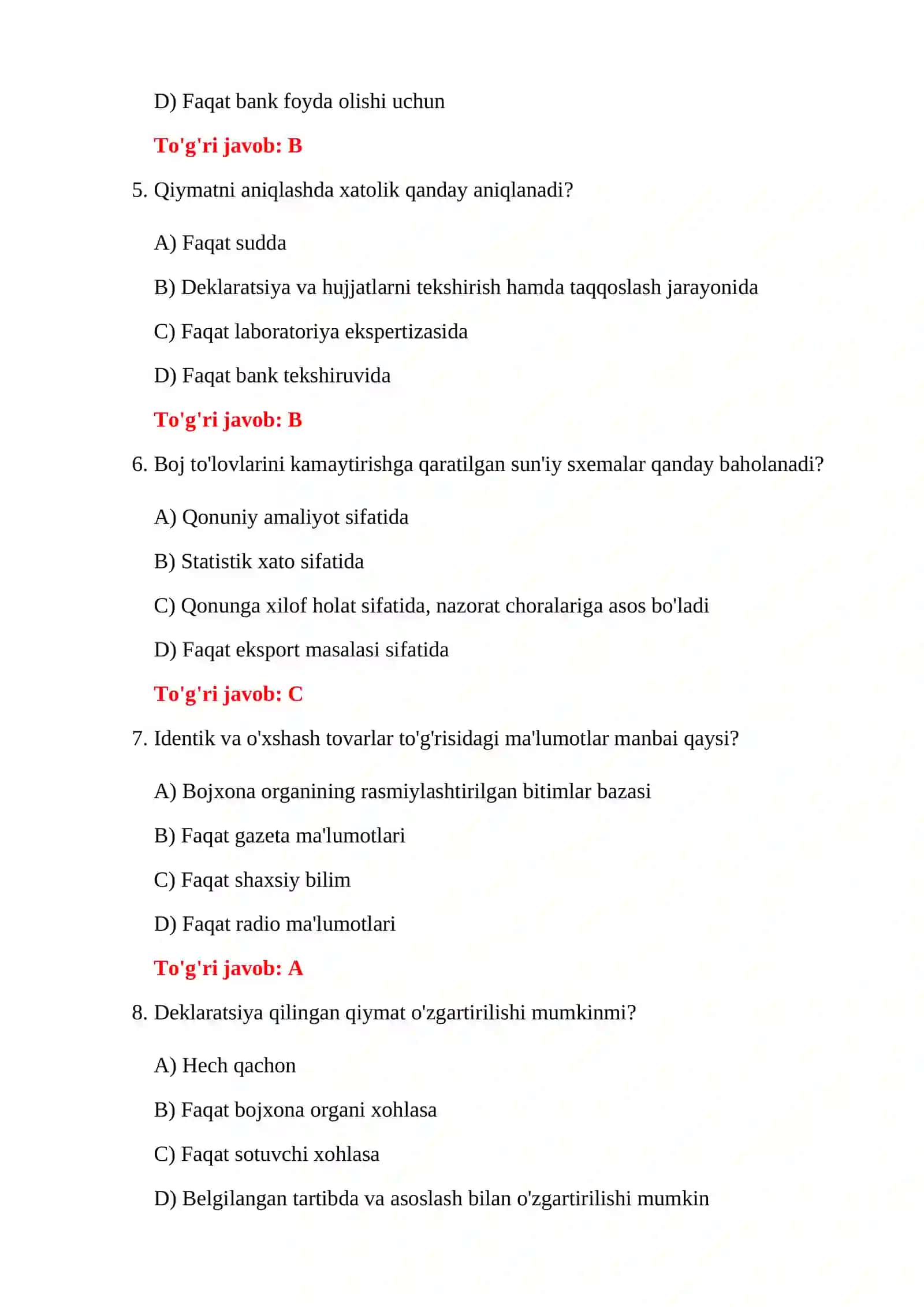 BOJXONA TO'LIQ TESTLAR 4