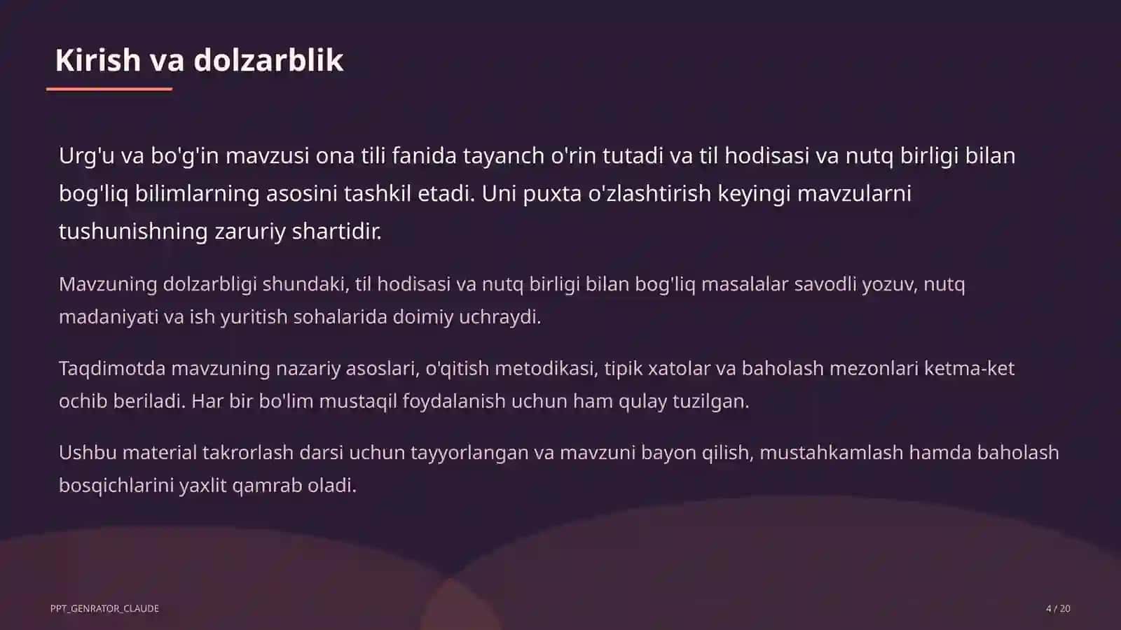 Urg'u va bo'g'in (5-sinf) Ona tili (5– 11) — takrorlash darsi uchun 4