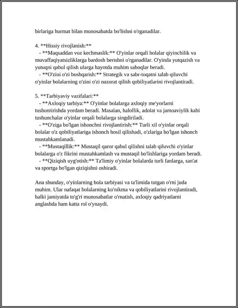 MUSTAQIL ISH Mavzu: O'YIN.BOLALARNI RIVOJLANTIRISH VA TARBIYALASH METODIKASI 4