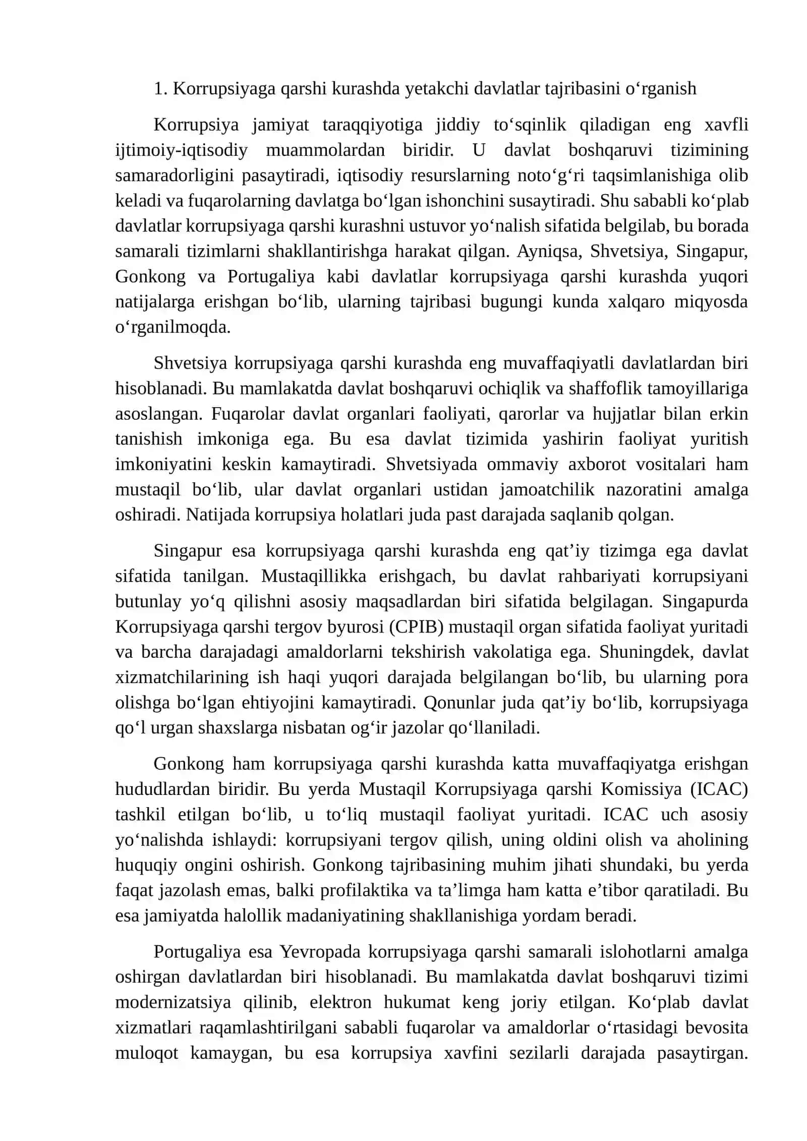 Korrupsiyaga Qarshi Kurashda Yuqori Natijalarga Erishgan Davlatlar (Shvetisiya, Singapur, Gonkong, Portugaliya) Tajribasini O'rganish va Uni Hayotga Tatbiq Etish Bo'yicha Takliflar 4