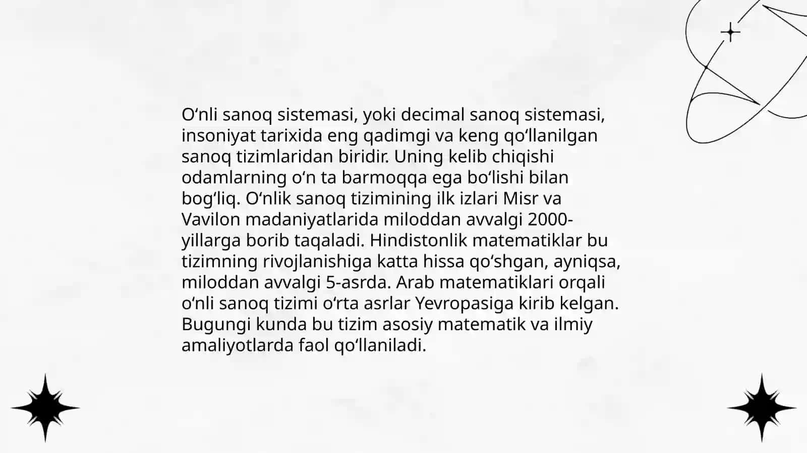 Nomerlashga oʻrgatishga tayyorgarlik. Son va sanoq tushunchasini shakllantirish bosqichlari. Oʻnli sanoq sistemasi xususiyatlari va uning nomerlashga asos qilib olinishi 4