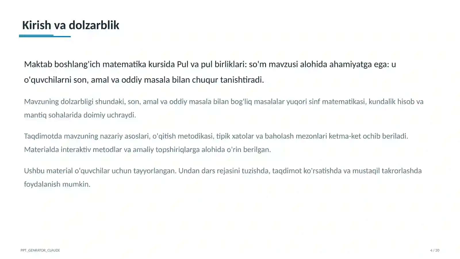 Pul va pul birliklari: so'm (2-sinf) Boshlang'ich sinf: Matematika (1– 4) — o'quvchilar uchun 4