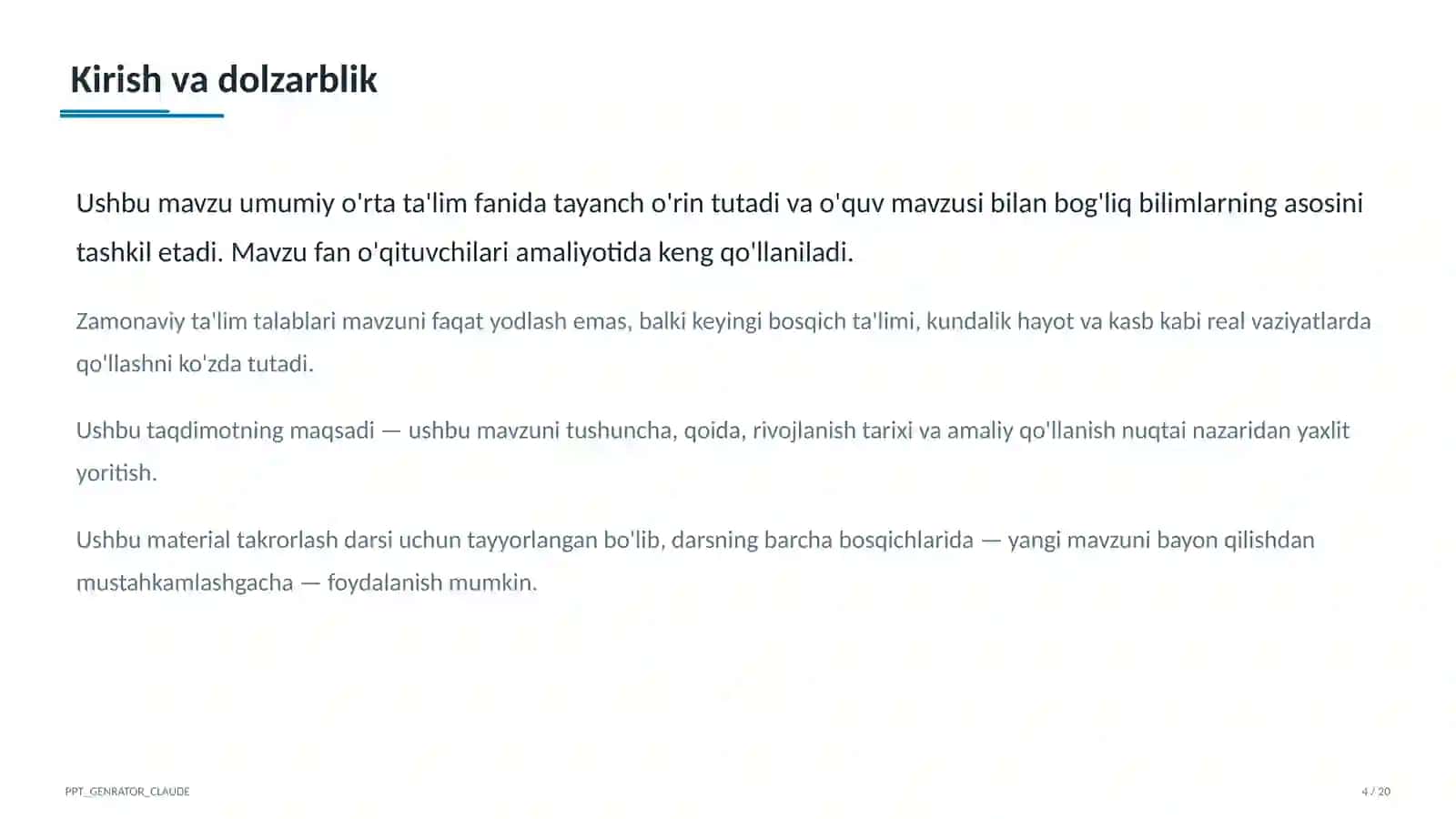 Dolzarb mavzular — maktab va o'qituvchilar (2026) — takrorlash darsi uchun 4