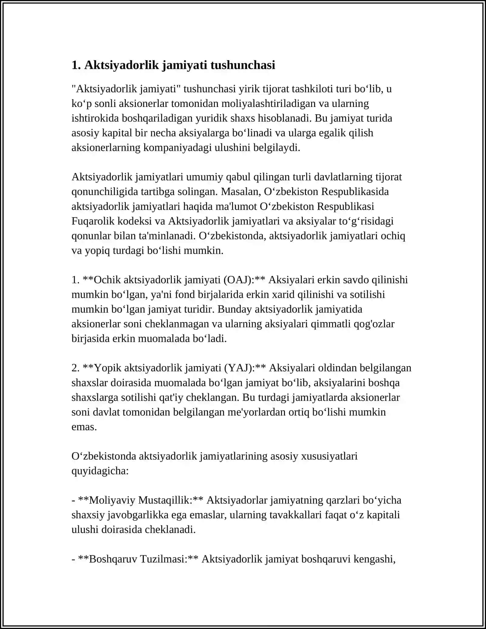 AKSIYADORLIK JAMIYATI VA AKSIYADORLIK KAPITALI. AKSIYA VA UNING TURLARI. AKSIYA KURSI. DIVIDEND VA TA' SISCHILAR FOYDASI 4
