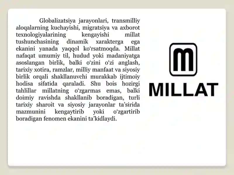 Mavzu:Millat atamasining hozirgi kunda tahlili masalasi. Primordializm. Konstruktivizm. 4