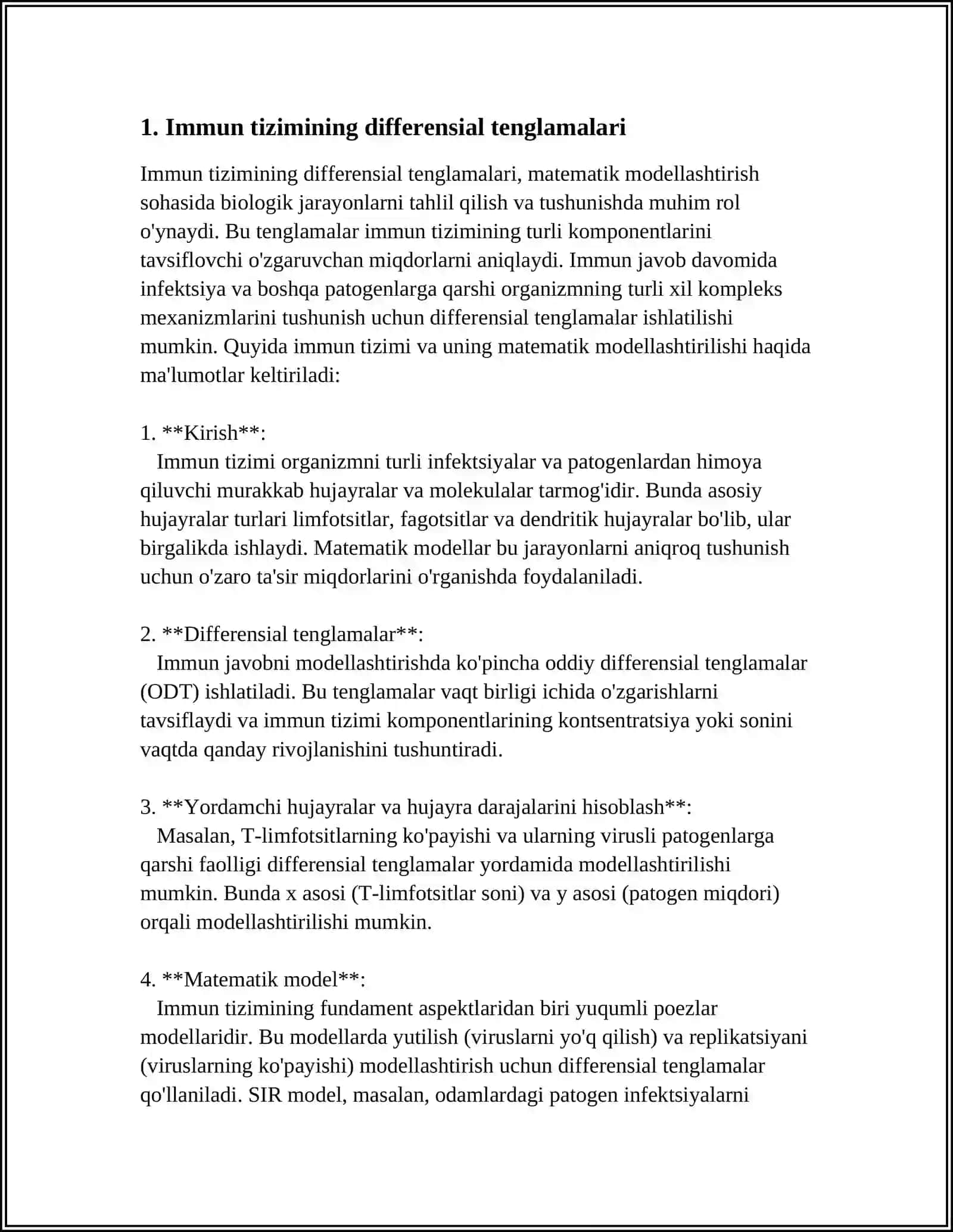 TIBBIY BIOLOGIK MAZMUNDAGI DIFFERENSIAL TENGLAMALARNI TUZISH VA YECHISH. TIBBIYOT BIOLOGIYA VA FARMASEVTIKANING AMALIY MASALALARINI OCHIB BERISH 4