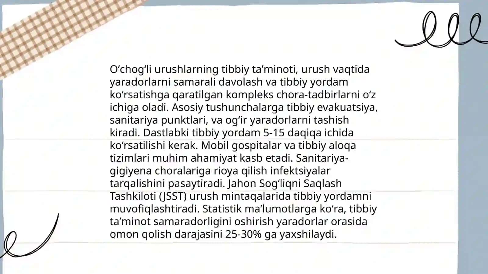 Zamonaviy oʻchogʻli urushlar tbbiy taʼminotini tashkillashtirilishini oʻziga xos xususiyatlarini inobatga olgan holda terapevtik yordamni tashkil qilish 4