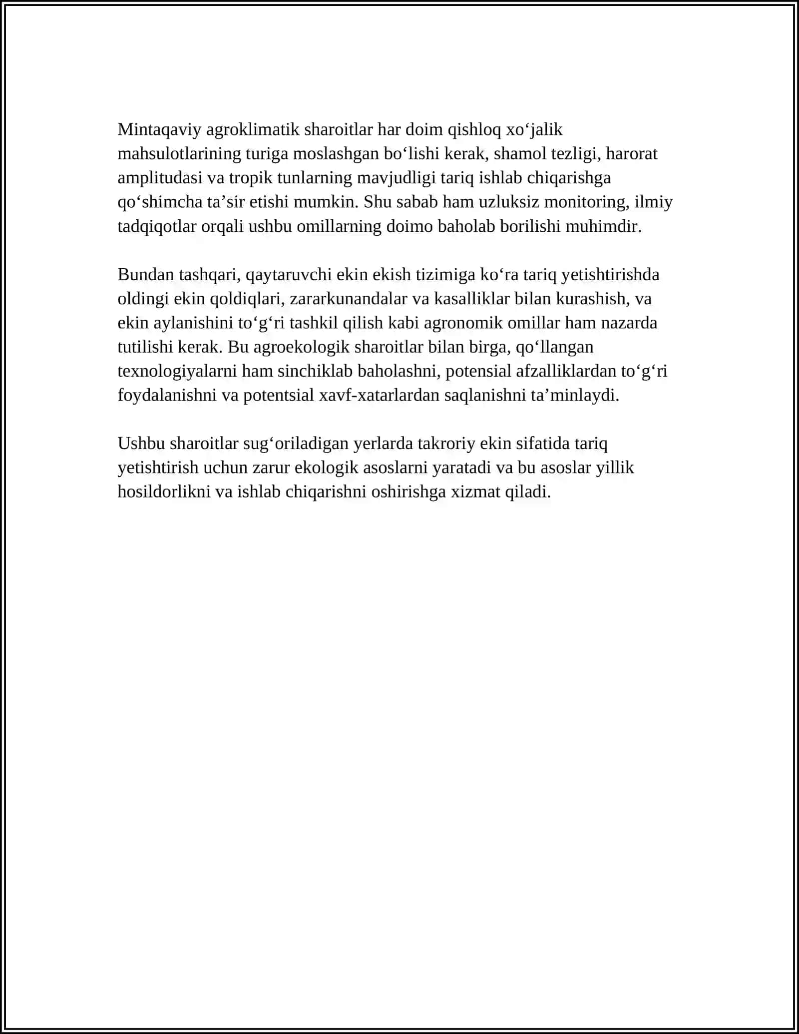 SUG‘ORILADIGAN YERLARDA TAKRORIY EKIN SIFATIDA TARIQ YETISHTIRISH BO‘YICHA TEXNOLOGIK KARTASINI TUZISH 4