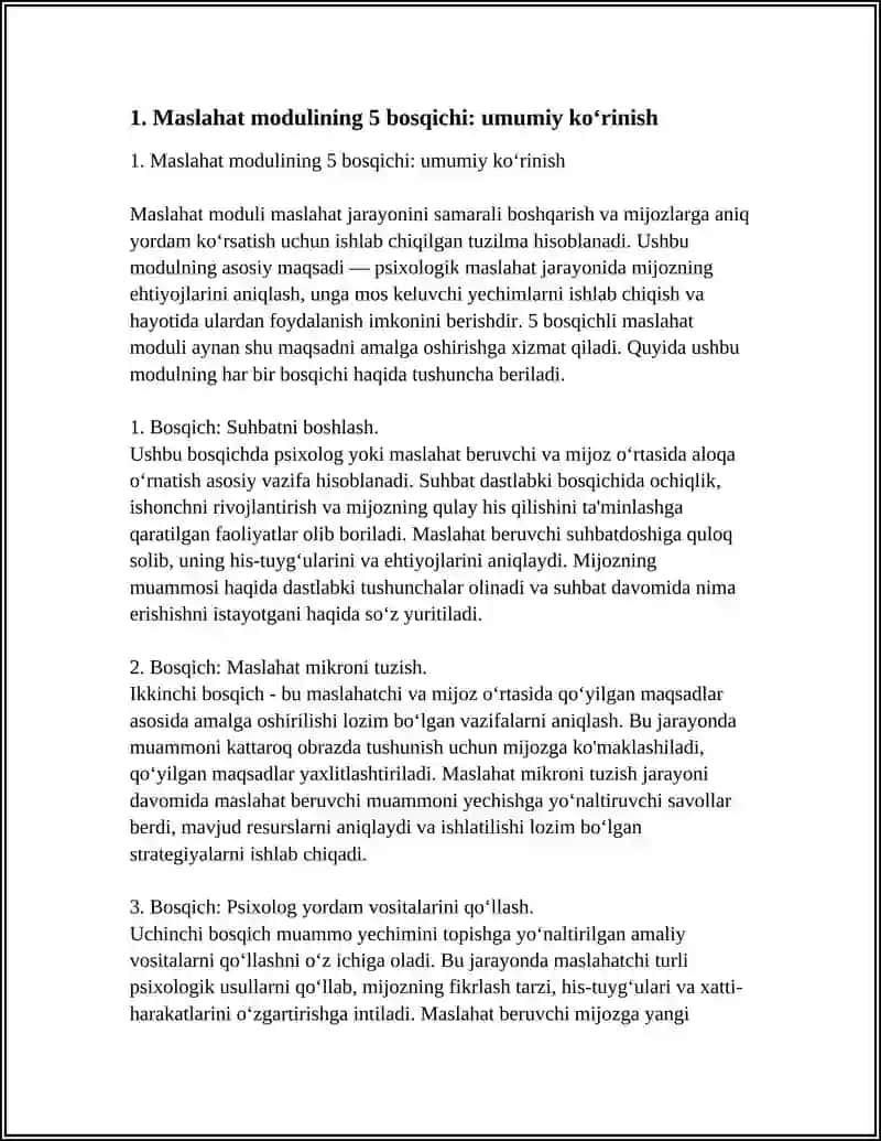 5 BOSQICHLI MASLAHAT MODULI MASLAHAT MIKROQARIZLARNI TUZISH SUHBATNI BOSHLASH PSIXOLIG QÒLLAB-QUVVATLASH VOSITALARI 4