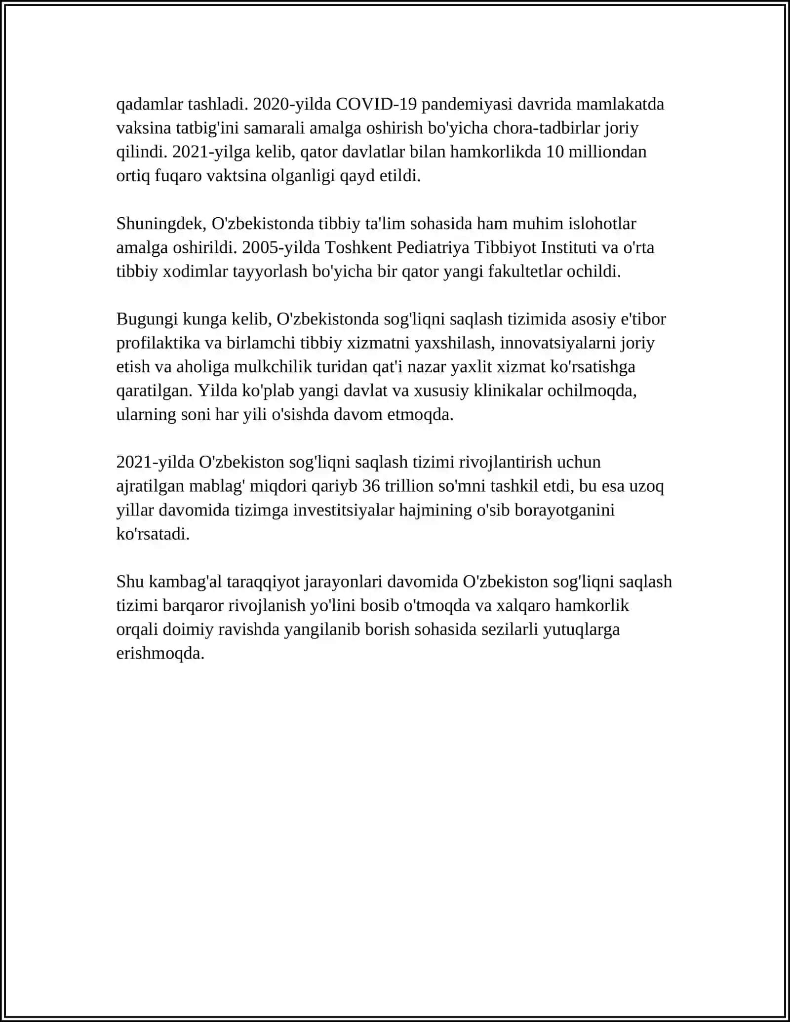 MUSTAQILLIK YILLARIDA SOG'LIQNI SAQLASH ISLOHOTLARI 4
