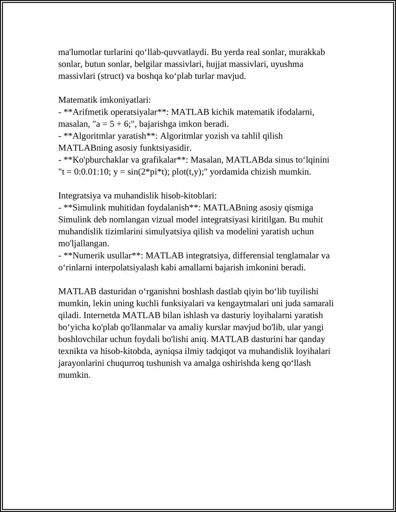 MATLAB DASTURI BILAN ISHLASH 4