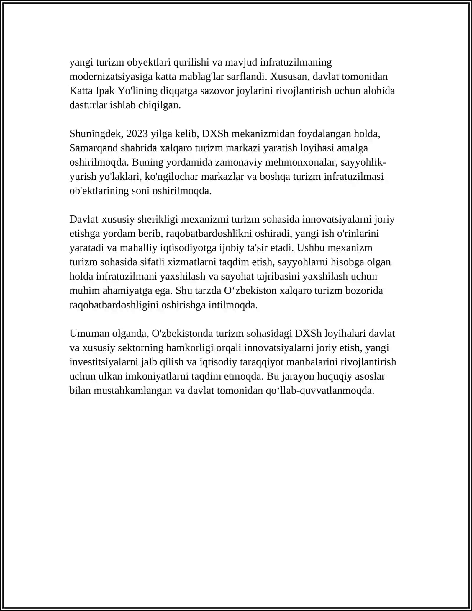 TURIZMDA DAVLAT- XUSUSIY SHERIKLIK ASOSIDA LOYIHALARNI AMALGA OSHIRISH 4