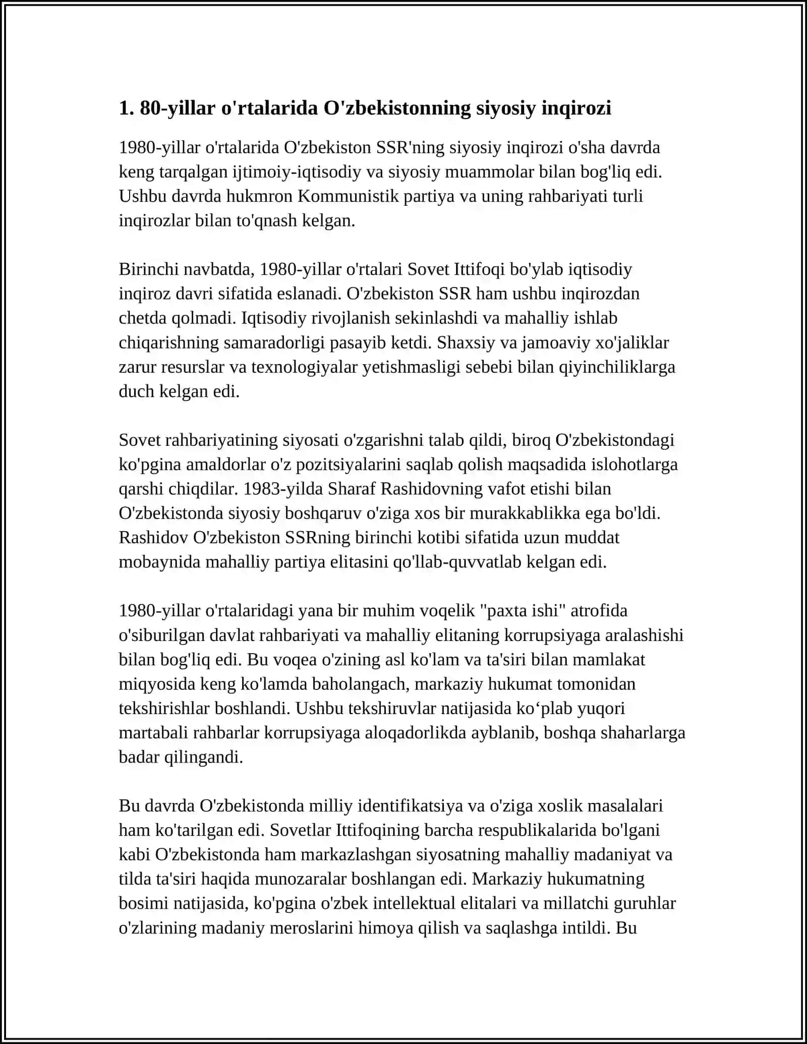 XX ASR 80-YILLARI OʻRTALARIDA RESPUBLIKA IJTIMOIY-SIYOSIY,IQTISODIY VA MAʼNAVIY HAYOTIDAGI INQIROZLI HOLAT 4