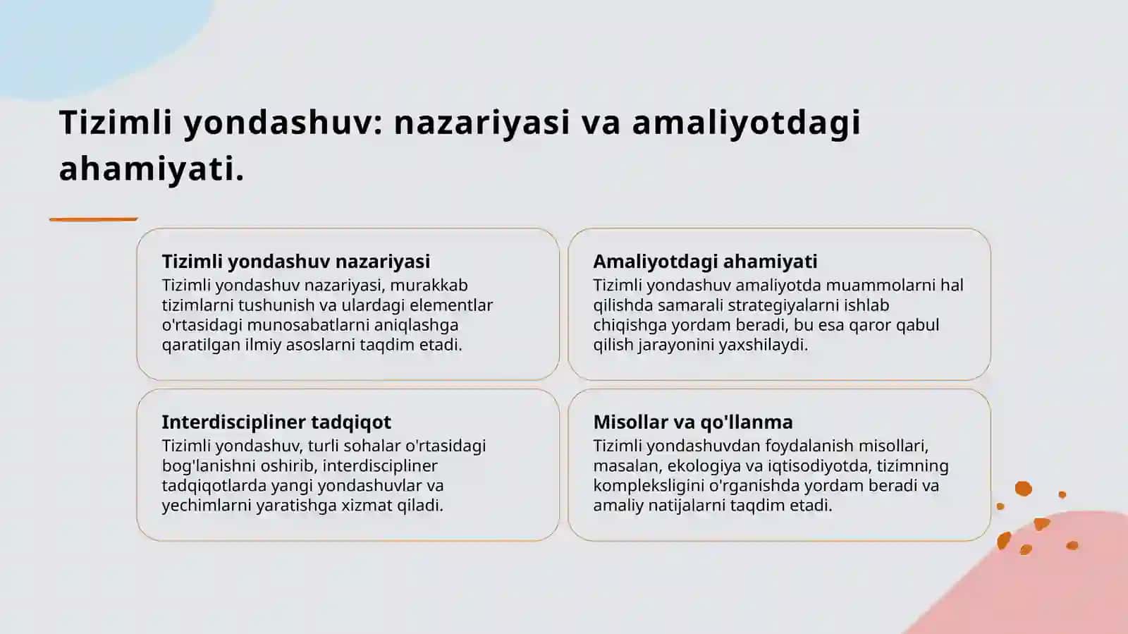Tizimli yondashuv tamoyillari dekompozisiya, ichki bog‘liqlik va yaxlitlik 4
