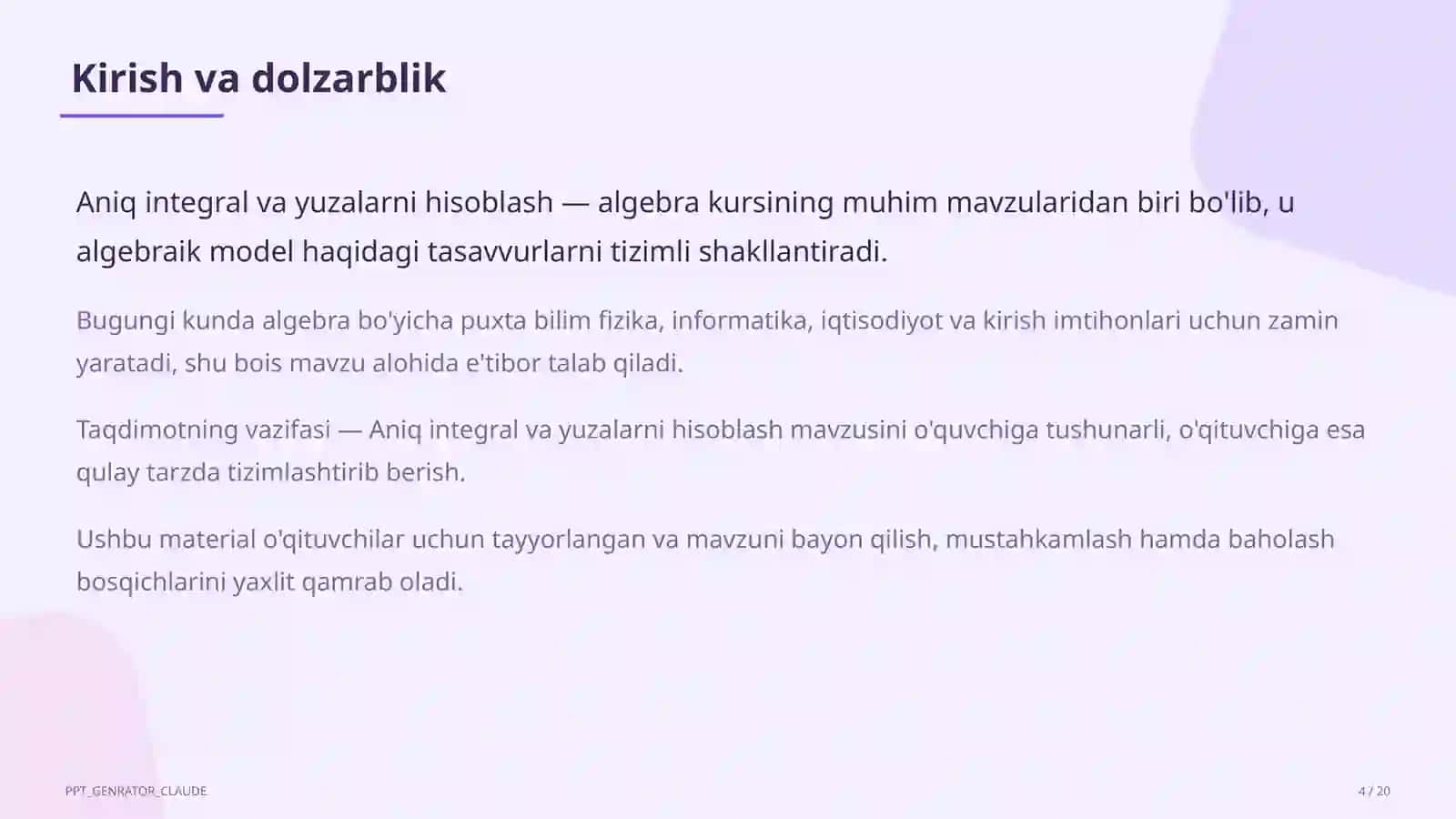Aniq integral va yuzalarni hisoblash (11-sinf) 4