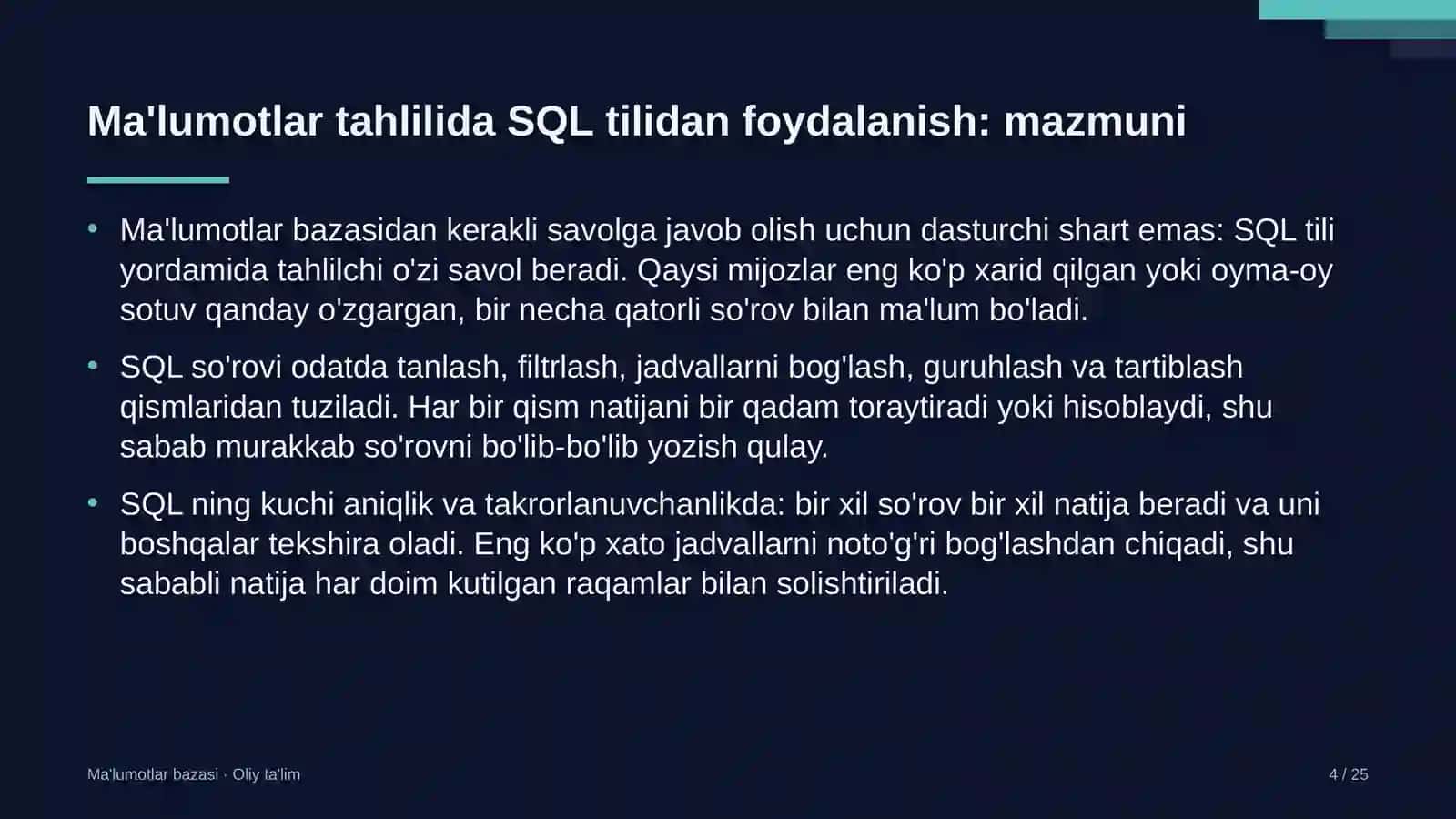 Ma'lumotlar tahlilida SQL tilidan foydalanish 4