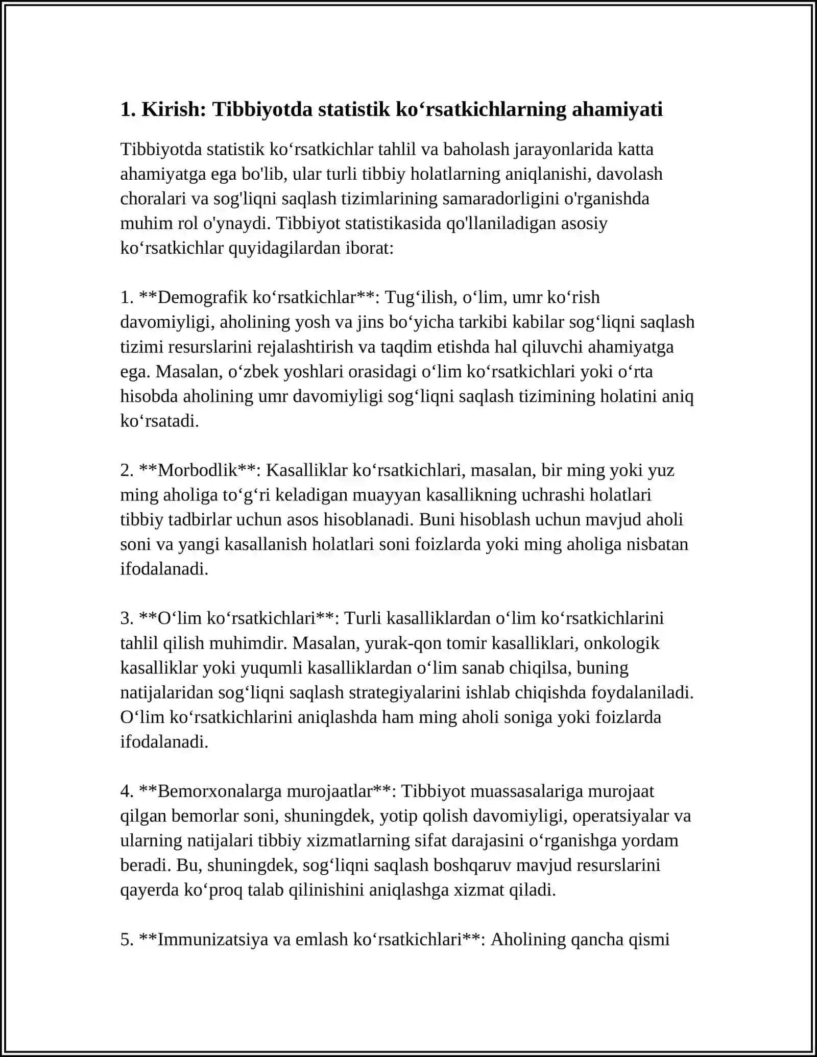 ASOSIY TIBBIY STATISTIK KÒRSATKICHLARNI QÒLLAGAN HOLDA TIBBIY YORDAM KÒRSATISH SIFATIGA BAHO BERISHGA TAYYORGARLIK 4