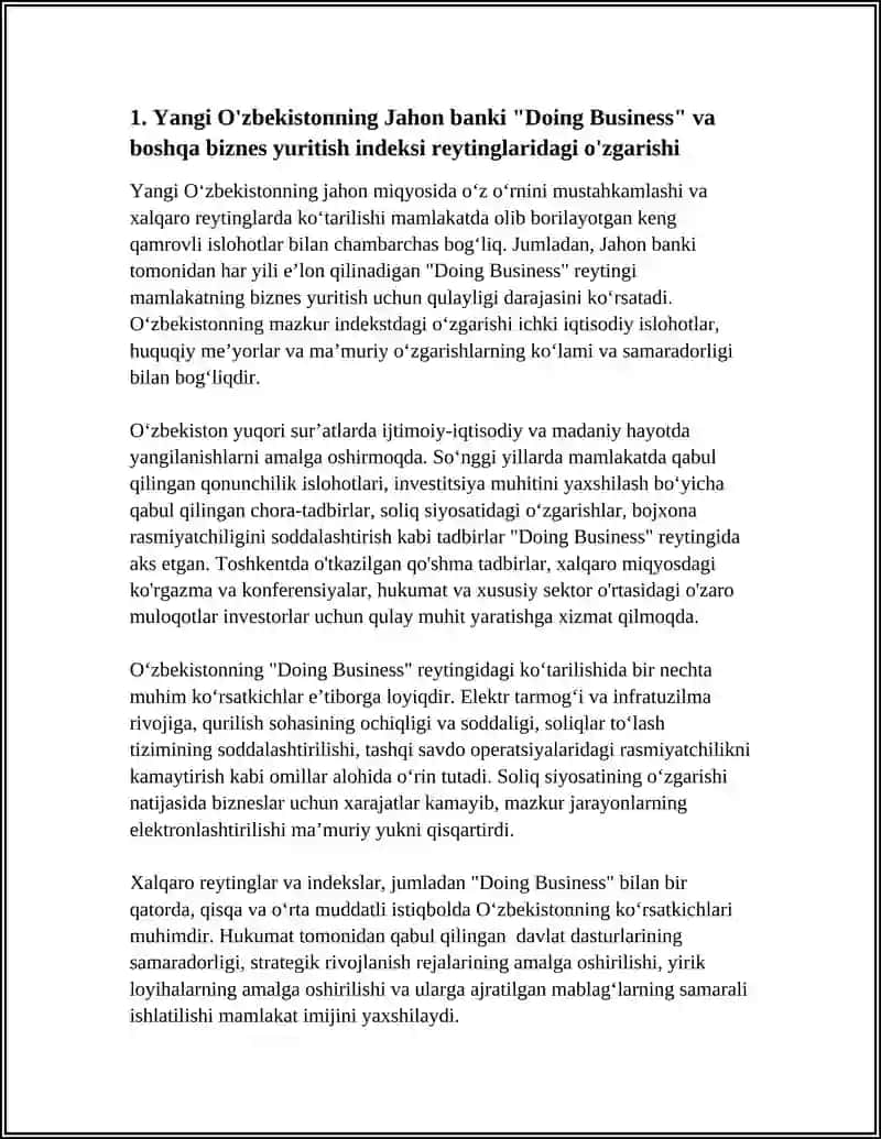 YANGI O’ZBEKISTON IJTIMOIY-SIYOSIY, IQTISODIY VA MADANIY HAYOTIDA RO'Y BERAYOTGAN O'ZGARISHLARNING XALQARO REYTING VA INDEKSLARDA AKS ETISHI 4
