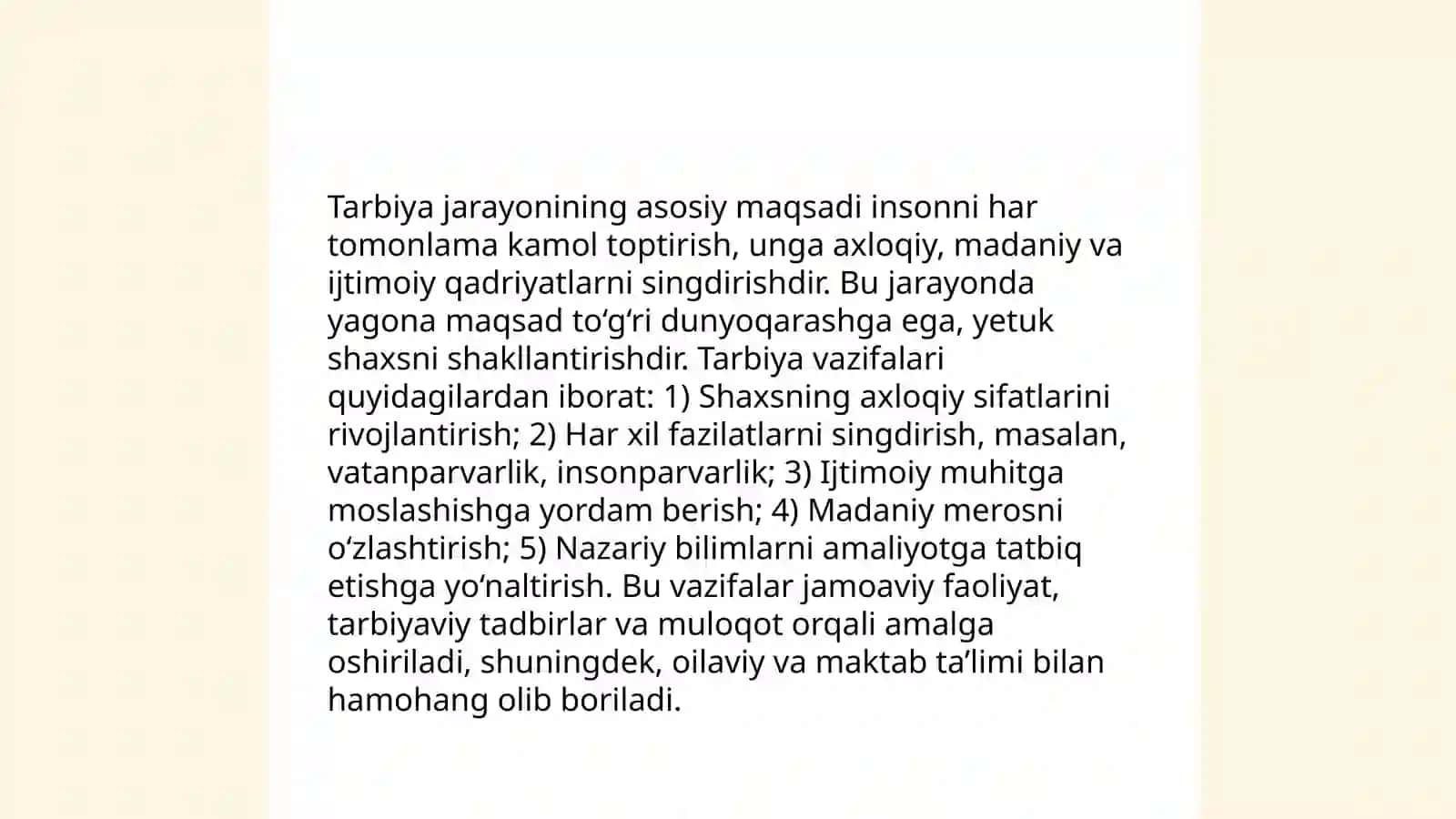 Tarbiya jarayonining mohiyati, mazmuni, tarbiya tamoillari va metodlari 4