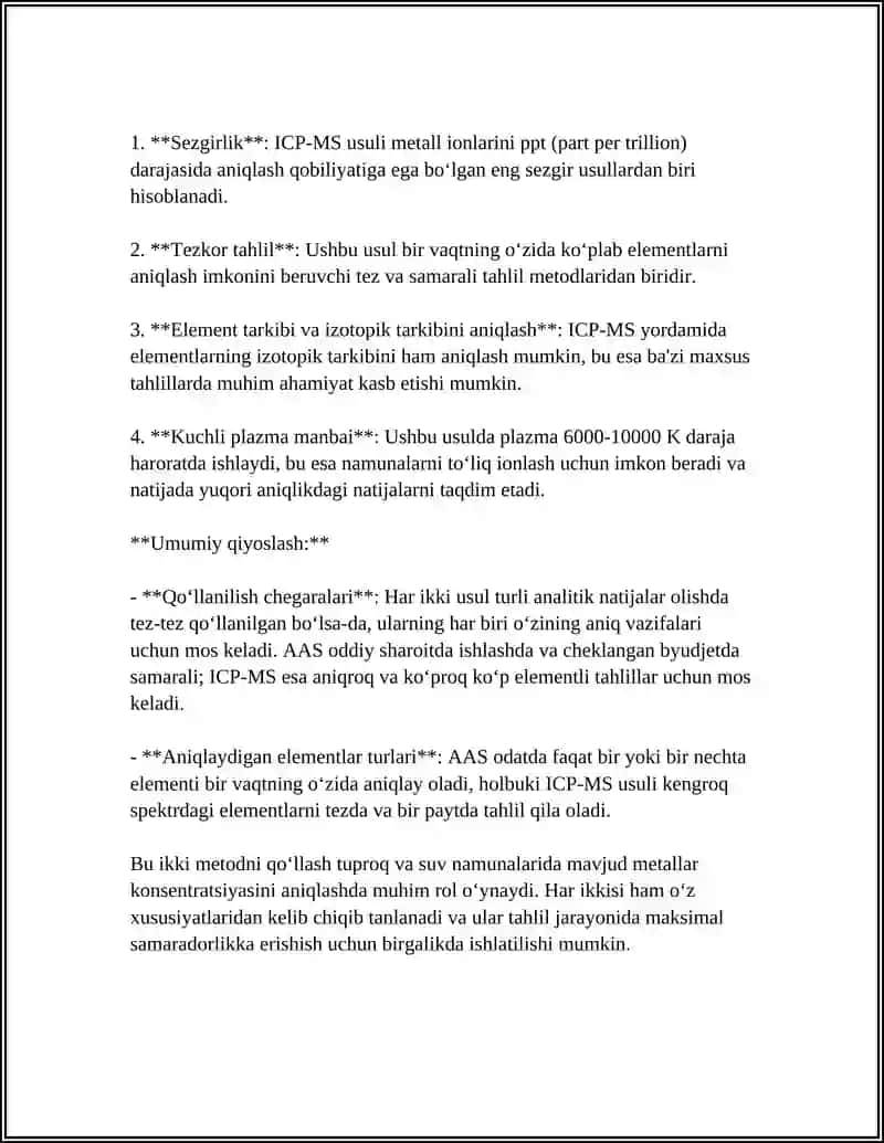 Tuproq va suv namunalaridan ion bogʻlanishli metall ionlarini aniqlash metodlari (AAS, ICP-MS) 4