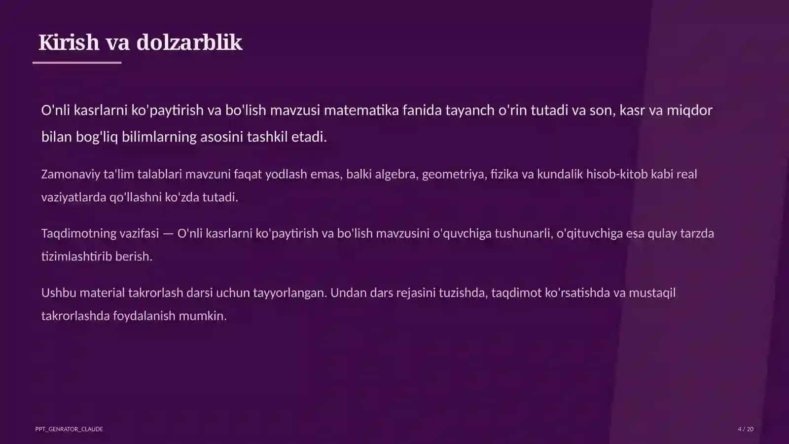 O'nli kasrlarni ko'paytirish va bo'lish (5-sinf) 4