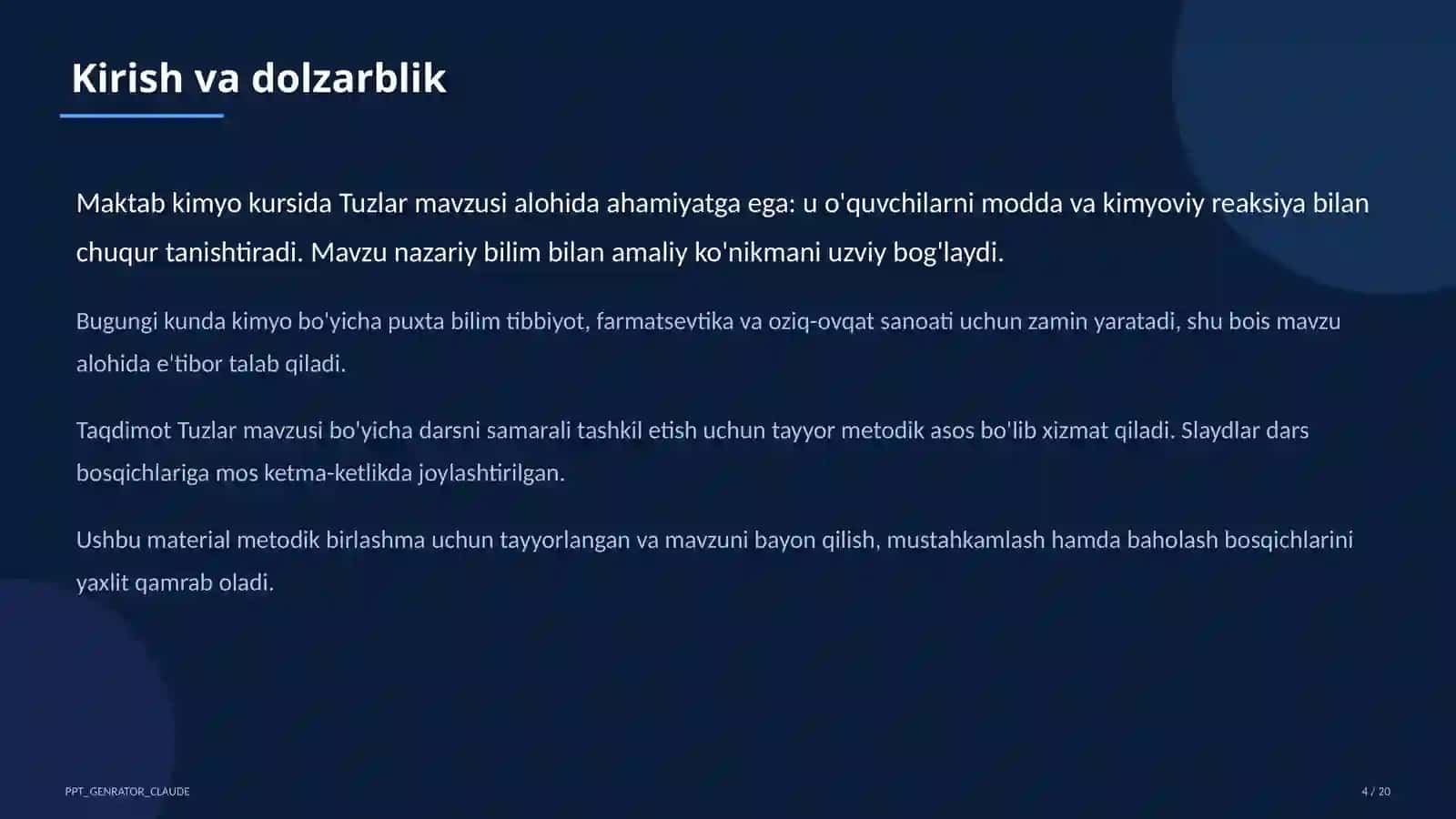 Tuzlar (8-sinf) Kimyo (7–11) metodik birlashma uchun 4
