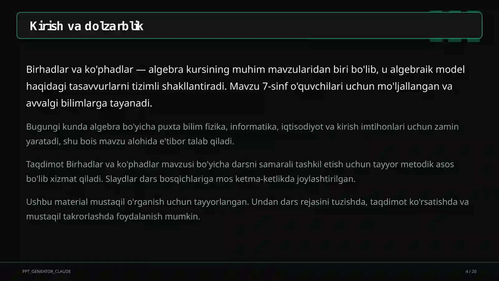 Birhadlar va ko'phadlar (7-sinf) 4
