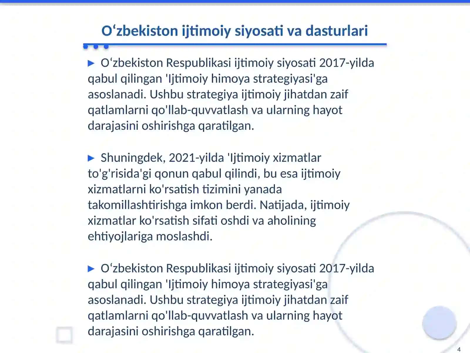 Oʻzbekiston Respublikasi ijtimoiy sohadagi islohotlar 4