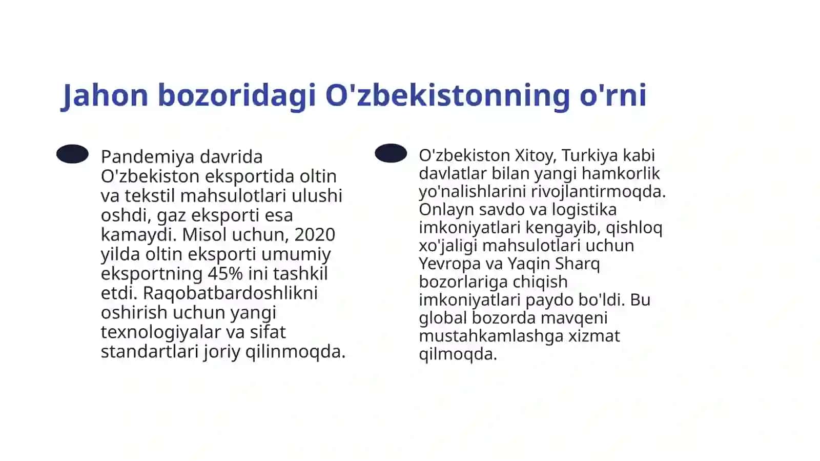 Pandemiya sharoitida O'zbekistonning jahon bozoridagi ishtirokl 4