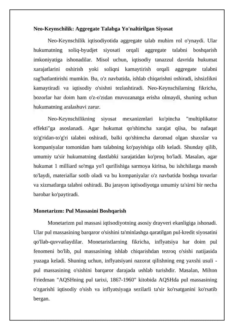 Neo-Keyneschilik va monetarizm tamoyillarining amaliy taqqoslanishi 4
