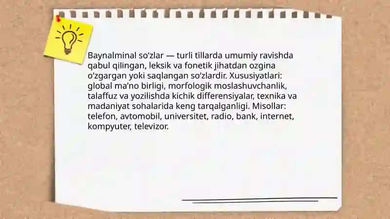 Oʻzlashtirma soʻzlar. Baynalminal so'zlar, neologizmlar, internatsional soʻzlar 4