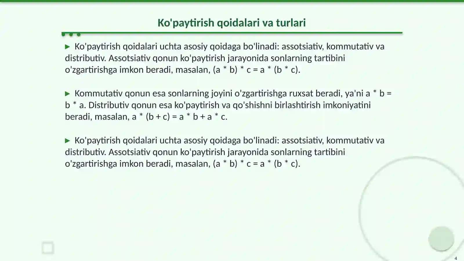Ko'paytirish va qo'shish qoidalari 4