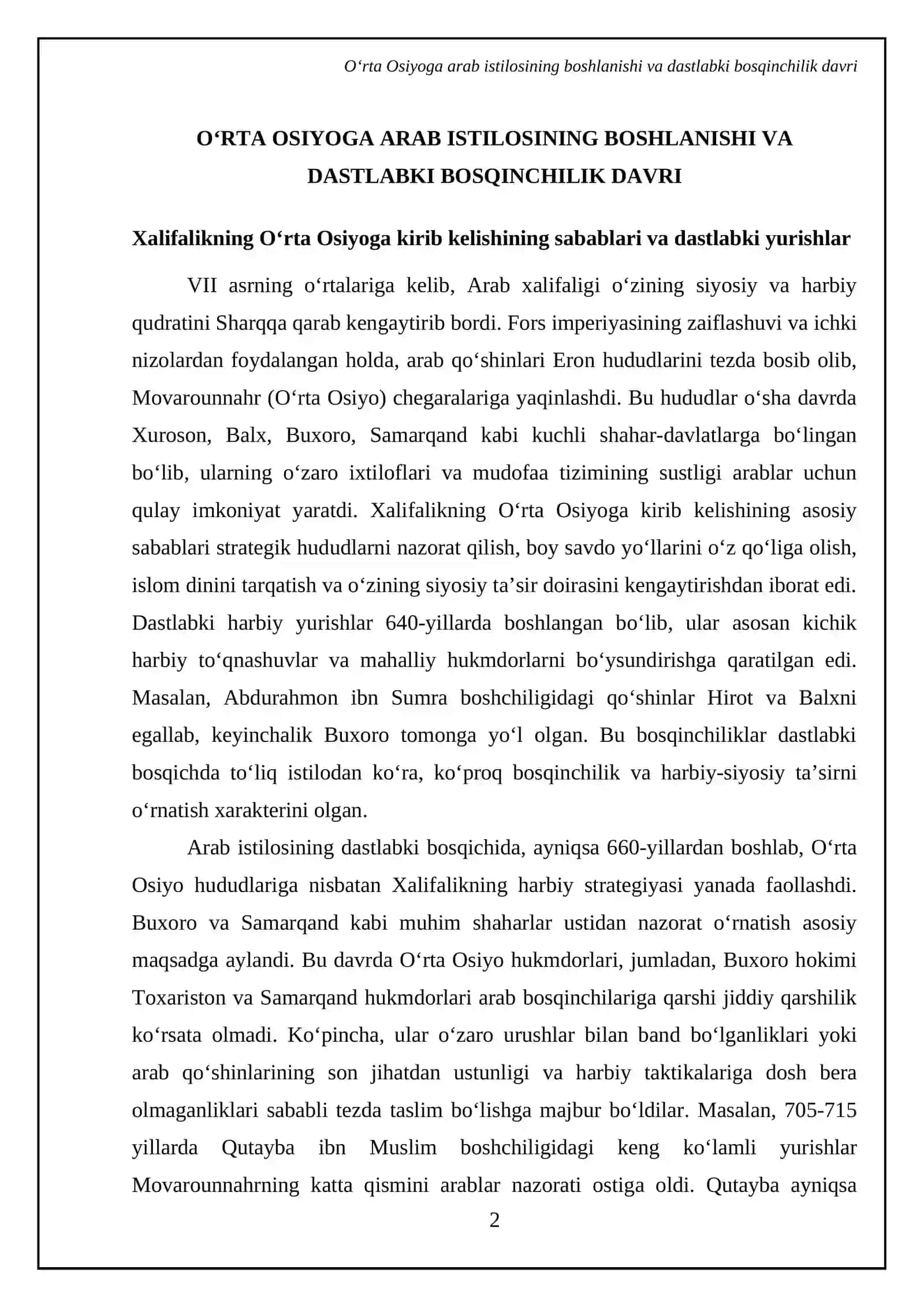 Oʻrta Osiyoda arablarning mustamlakachilik siyosat va unga qarshi ozodlik kurashlari 4