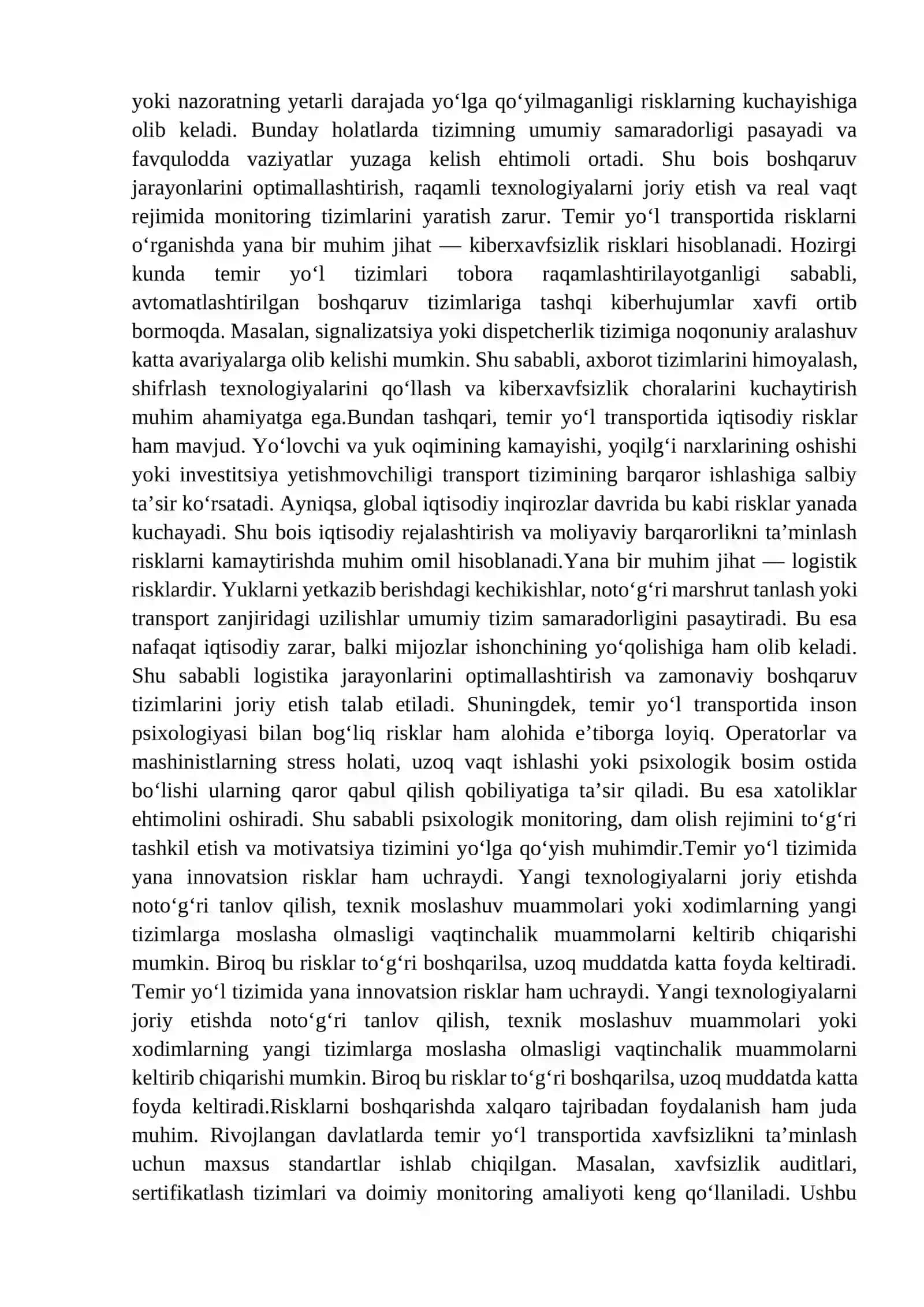 TEMIR YO‘L TRANSPORTI SOHASIDA YUZAGA KELADIGAN RISKLAR VA ULARNI BARTARAF ETISH YO‘LLARI 4